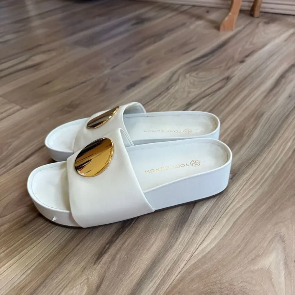 Tory Burch Patos Chunky White Napa Leather Gold Slides Size 9 1/2